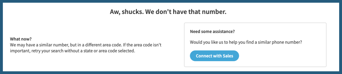 Screenshot from the NumberBarn Phone Number Search page that says "Aw, shucks. We don't have that number."