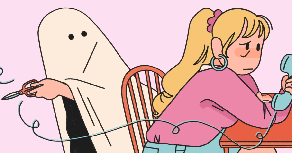 Illustration of a person in a ghost costume cutting a phone line